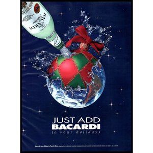 1992 Bacardi Rum Vintage Print Ad Christmas Ball Globe Splash Holidays Wall Art